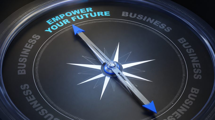 A compass needle pointing to Empower Your Future, on a dark business dial