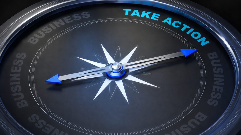 A compass needle pointing to Take Action, on a dark business dial